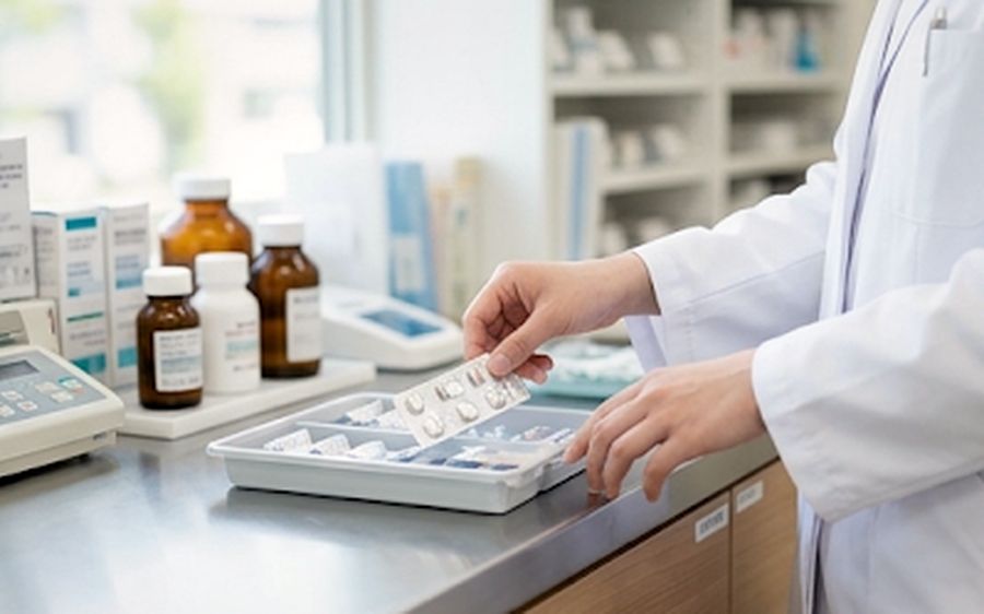 薬棚から医薬品を取る薬剤師の手元
