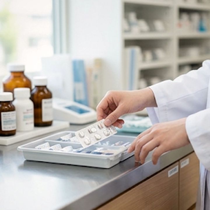 医薬品を手に取る薬剤師の手元