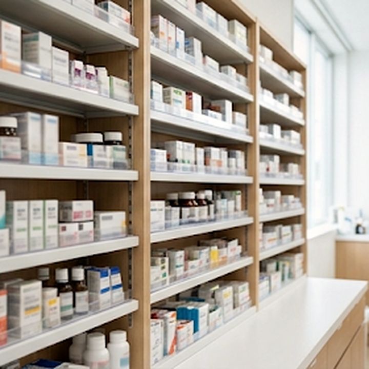 医薬品が整然と並ぶ調剤室の棚